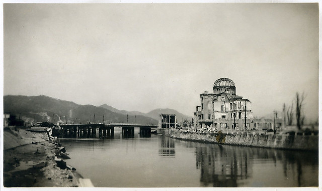 The remains of the Prefectural Industry Promotion Building & Aioi-bashi Bridge After August 6th 1945 A Bomb Attack on Hiroshima - Photo taken 5th April 1946