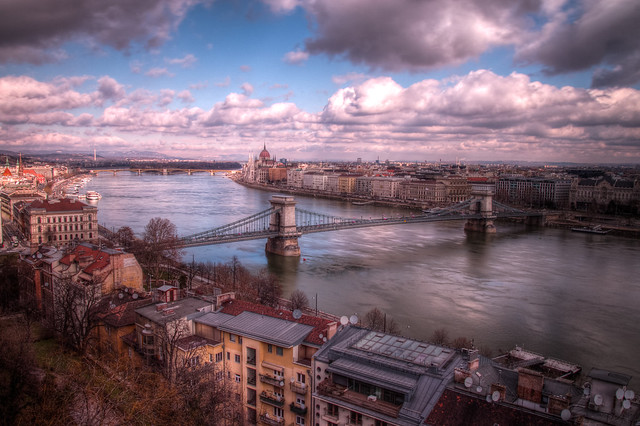 Blue skies breaking through over the Danube River, Budapest (HDR)