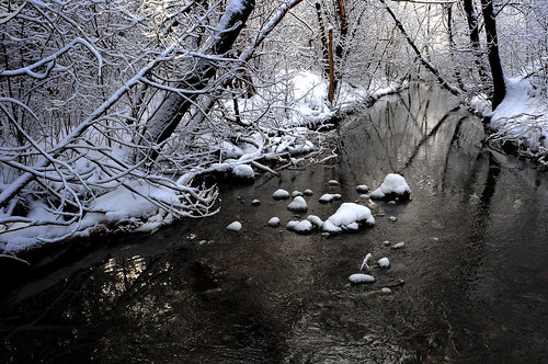 winterscenery beautiful snowcovered snowfall snowcoveredstones creek water reflections woods ontario canada landscape flickrclickx waterloo