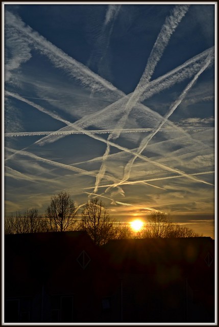 A lot of contrails at the end of a day during sunset