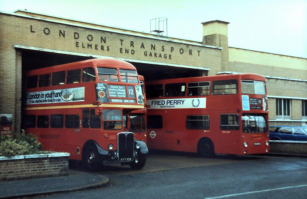 86-308 The last day of services from Elmers End Garage;  Preserved RT1702 (KYY 529) and Daimler Fleetline DMS2489  (THX 489S)