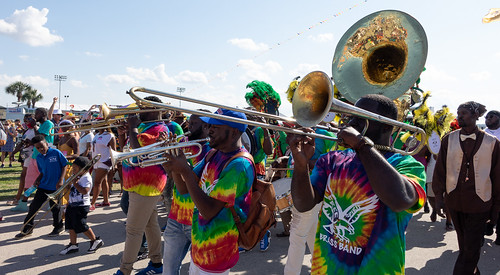 Free Spirit Brass Band on Day 1 of Jazz Fest - 4.27.18. Photo by Charlie Steiner.