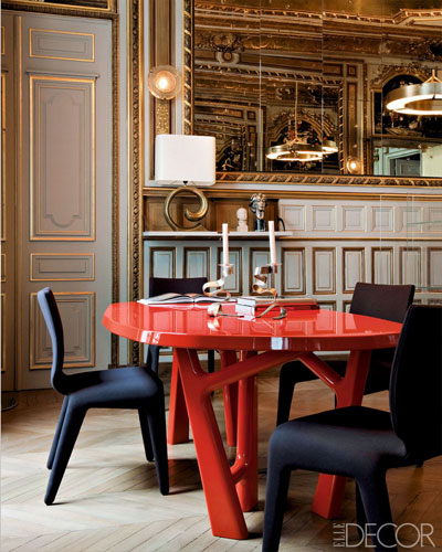 Modern French style: Red dining room table meets 1860s Paris
