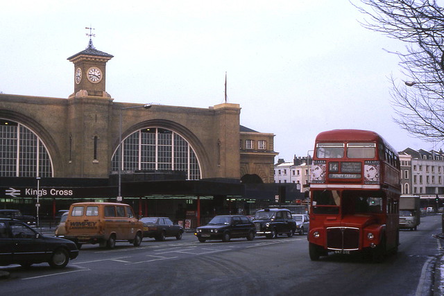 Routemaster passing King's Cross station, 1986