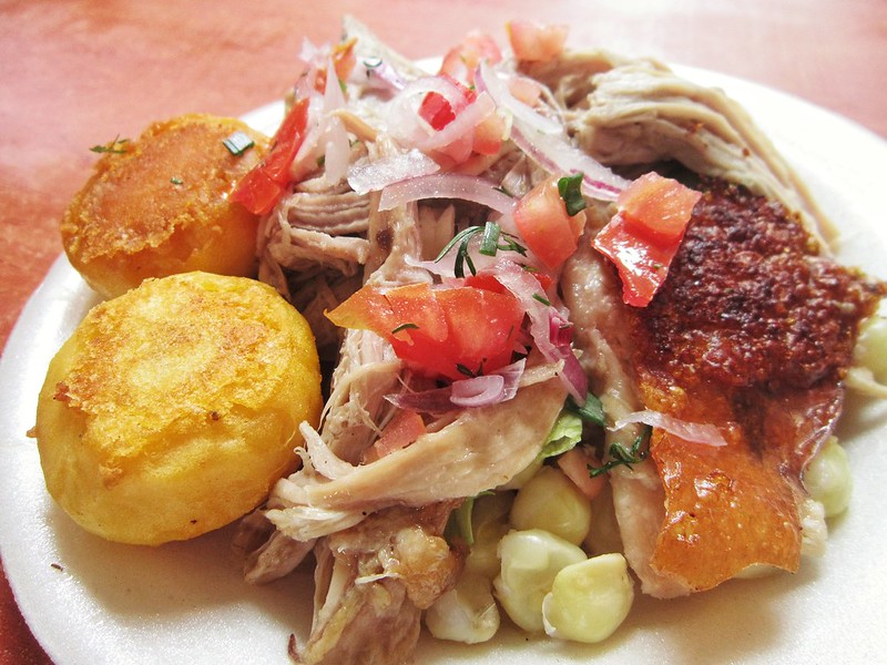 Plate of hornado (roast pork) in Cuenca, Ecuador