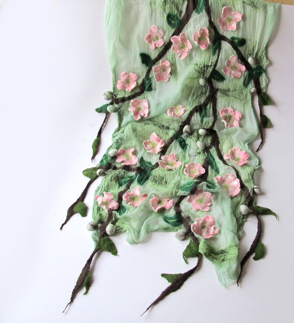 Nuno felted scarf- Apple blossoms