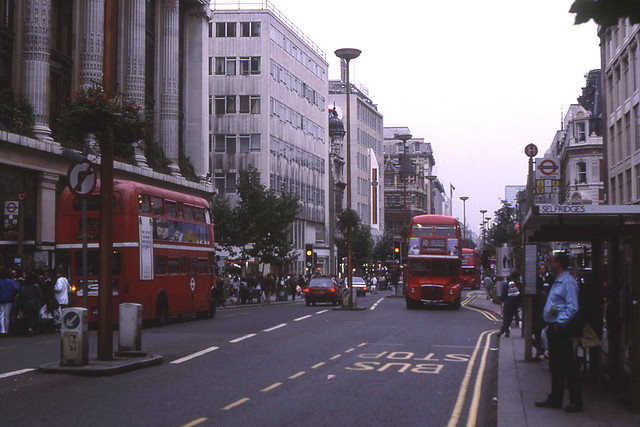 Routemasters in Oxford Street, 1988