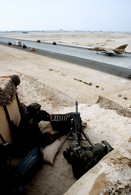 Qatar Emiri Air Force Mirage F1 taxis to the runway at Doha during Operation Desert Storm - circa 1991 - US Military photo Staff Sgt. Lee F. Corkran