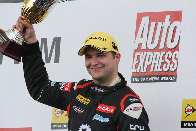 Mat Jackson with his trophy after coming third at the BTCC race at Donington Park in April 2012