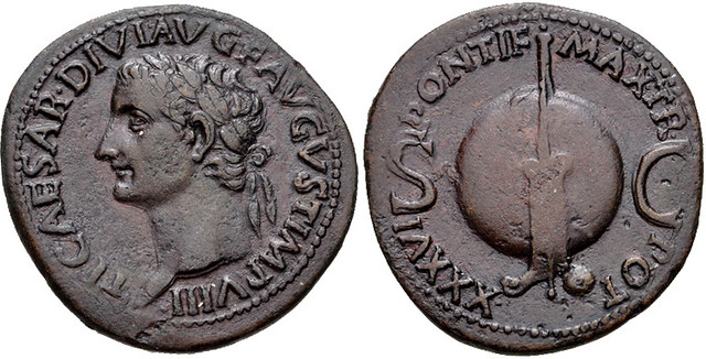 Tiberius. AD 14-37. Æ As (28mm, 11.02 g, 7h). Rome mint. Struck circa AD 34-35. Laureate head left / Rudder placed vertically across banded globe; small globe at base of rudder. RIC I 52.