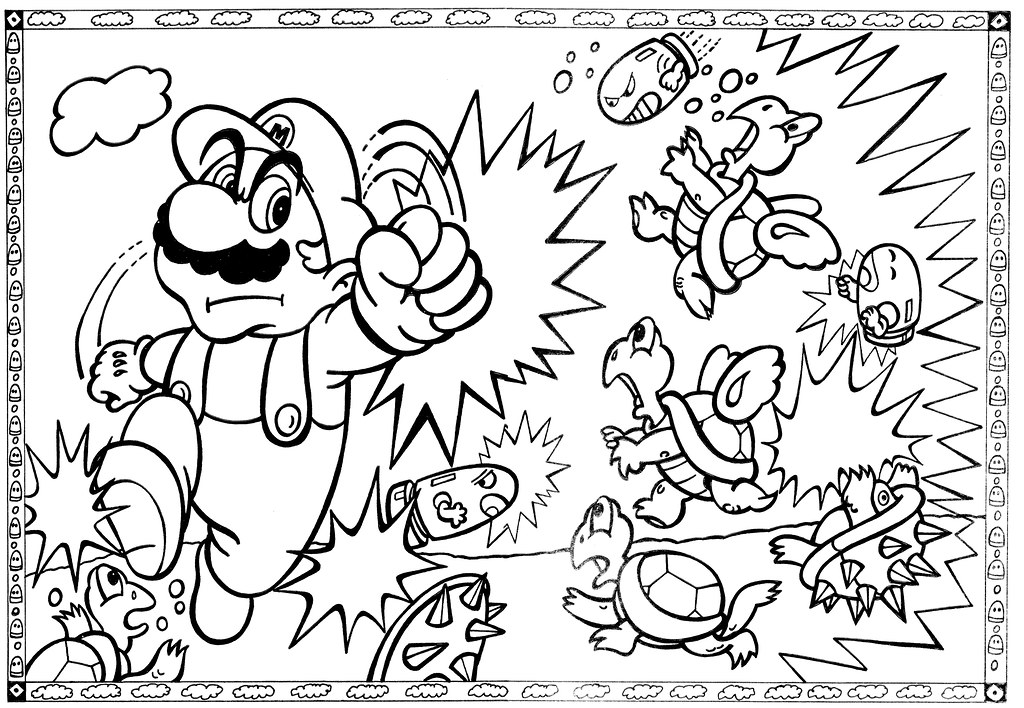 Super Mario Bros 1989 Coloring Book   Mario on the Attack 2 Page Spread