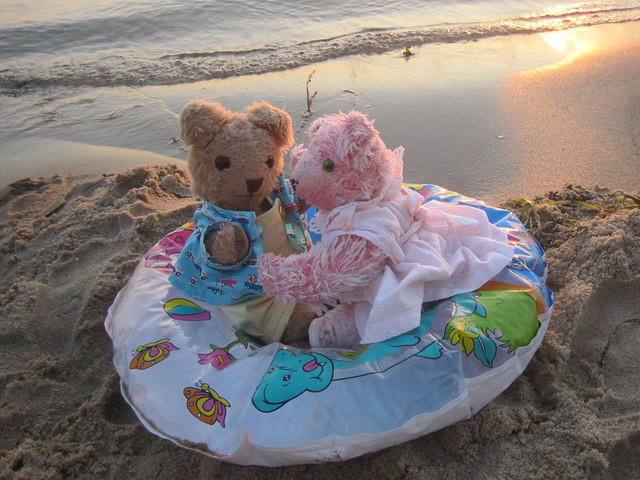 Jannie und Röschen sitzen im Abendlicht gemütlich am Strand                                    t