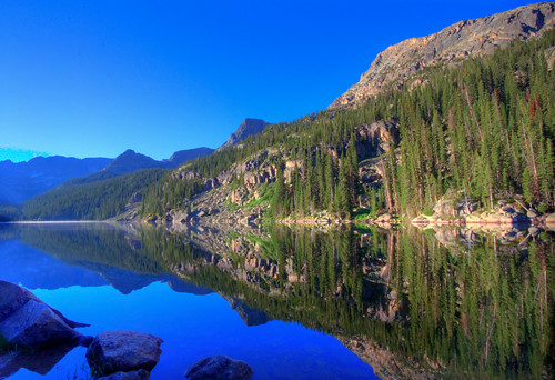 park mountain lake reflection colorado rocky east trail national inlet verna