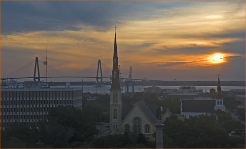 Sunrise over Marion Square -- Charleston (SC) July 11, 2012 by Ron Cogswell, Image by Ron Cogswell from the 9th Floor of the Francis Marion Hotel at 6:45 am on July 11, 2012, us