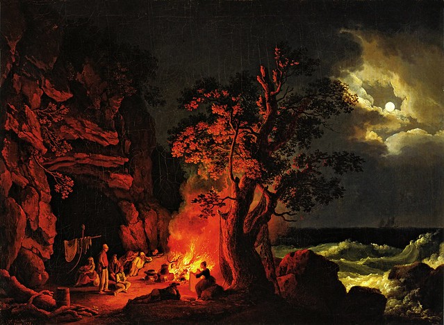 Jacob Philipp Hackert - Fischerfamilie am nächtlichen Lagerfeuer mit aufgewühltem Meer (1778)