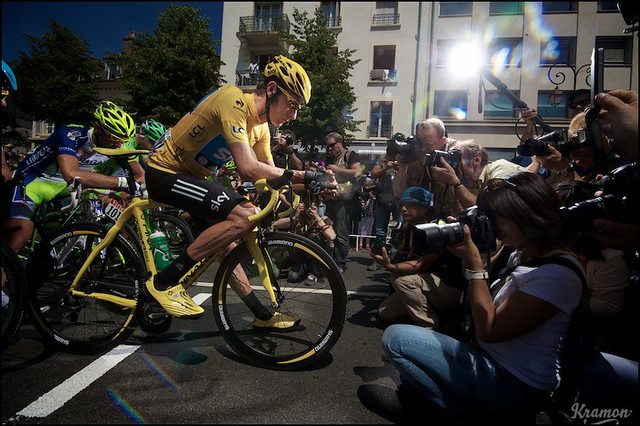 Bradley Wiggins confronts the press in Rambouillet at the start of the final stage of the 2012 Tour de France