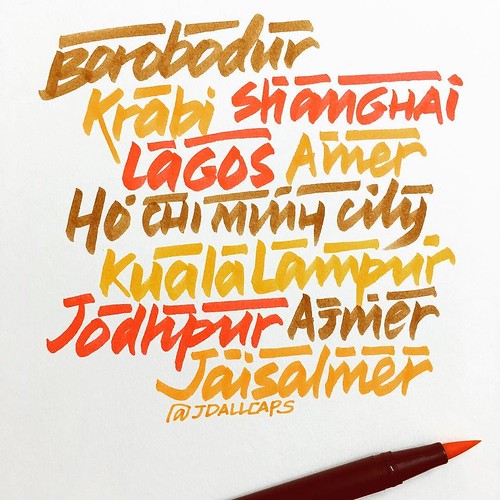 Those magical Asian cities #lettering #letters #letterpress #handlettering #handlettered #handletter #calligraphy #typography #krabi #jodhpur #jaisalmer #lagos #borobodur #shanghai #instagood #instagood #instalettering #instaasia #asian | by JD-AllCaps