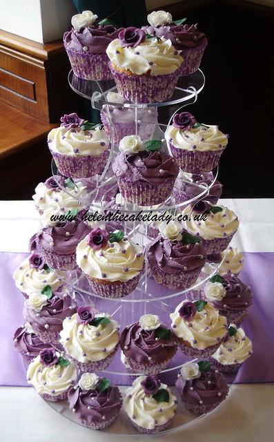 purple & ivory rose wedding cupcake tower