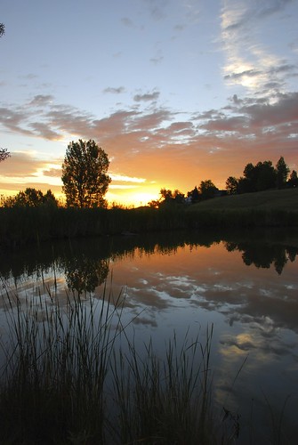sky reflection silhouette clouds sunrise pond colorado view image suburban path walk suburbia denver hike trail suburb