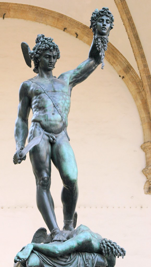 Perseus With the Head of Medusa in his left hand statue in a dark metal. 