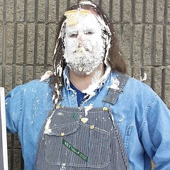 Funny how with a face full of pie, it's hard to see that I'm smiling. #newprofilepic #overalls #dungarees #biboveralls #vintage #key #keyoveralls #hickorystripe #denim #doubledenim #pieintheface #pietotheface #pieinface #pieface #splat