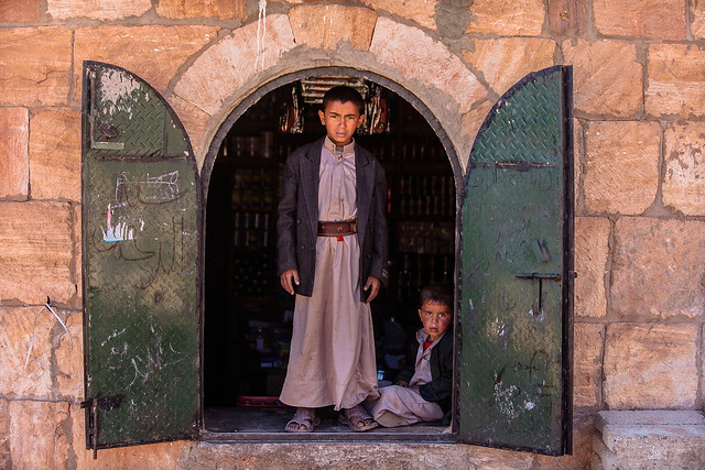 two children yemeni in a village near kawkaban, yemen, mountain haraz