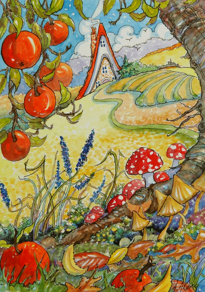 Autumn Colors Storybook Cottage series Autumn watercolor