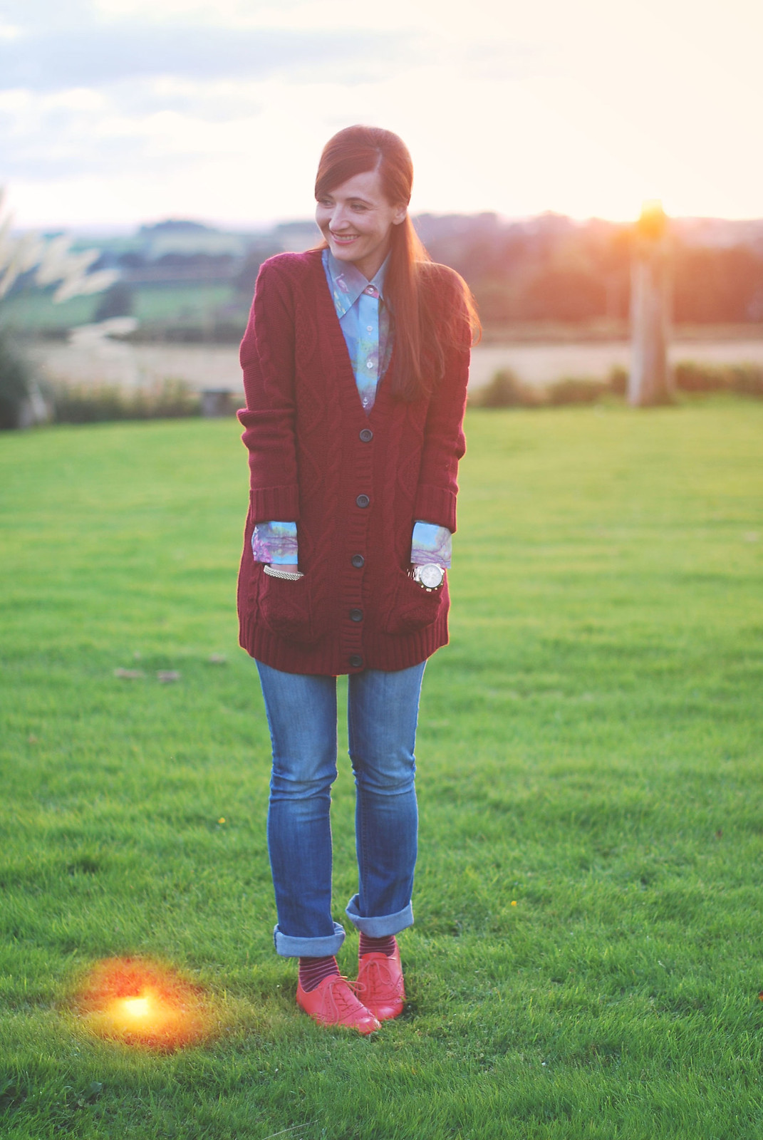 Cosy Oxblood Cable Knit at Sunset