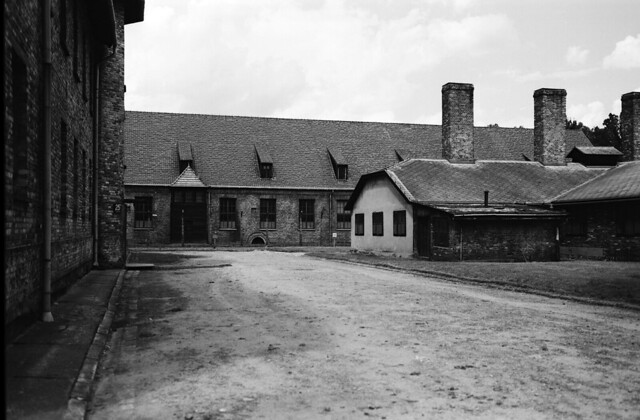 Aushwitz - Camp kitchen on right, behind buildng for new prisoners