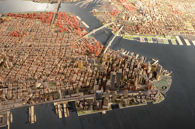 Queens Museum of Art | The Panorama of the City of New York | overview of lower Manhattan from the west, including the twin towers of the World Trade Center, the Brooklyn & Manhattan Bridges, some of Brooklyn & Roosevelt Island, etc