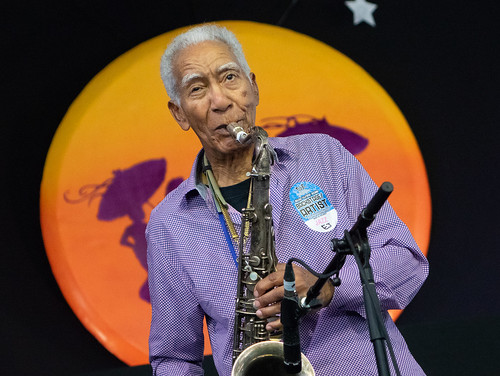 Kidd Jordan on Day 3 of Jazz Fest - 4.29.18. Photo by Charlie Steiner.