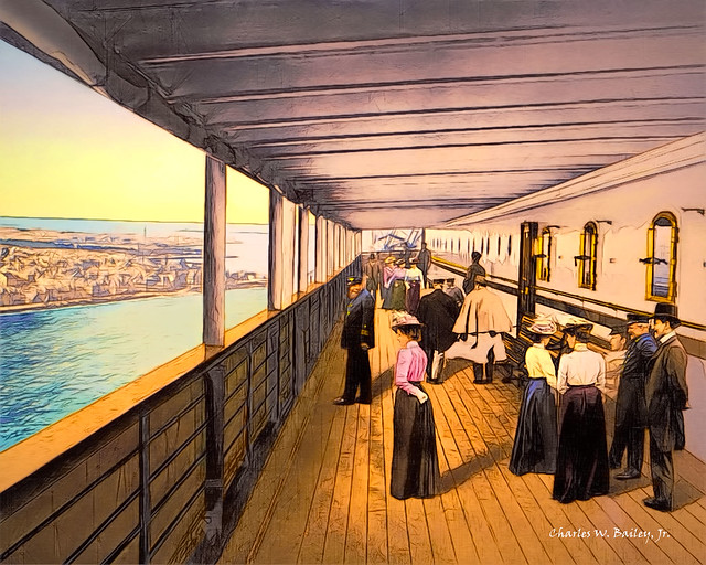 Digital Pastel and Pencil Drawing of a Steamship Promenade Deck by Charles W. Bailey, Jr.
