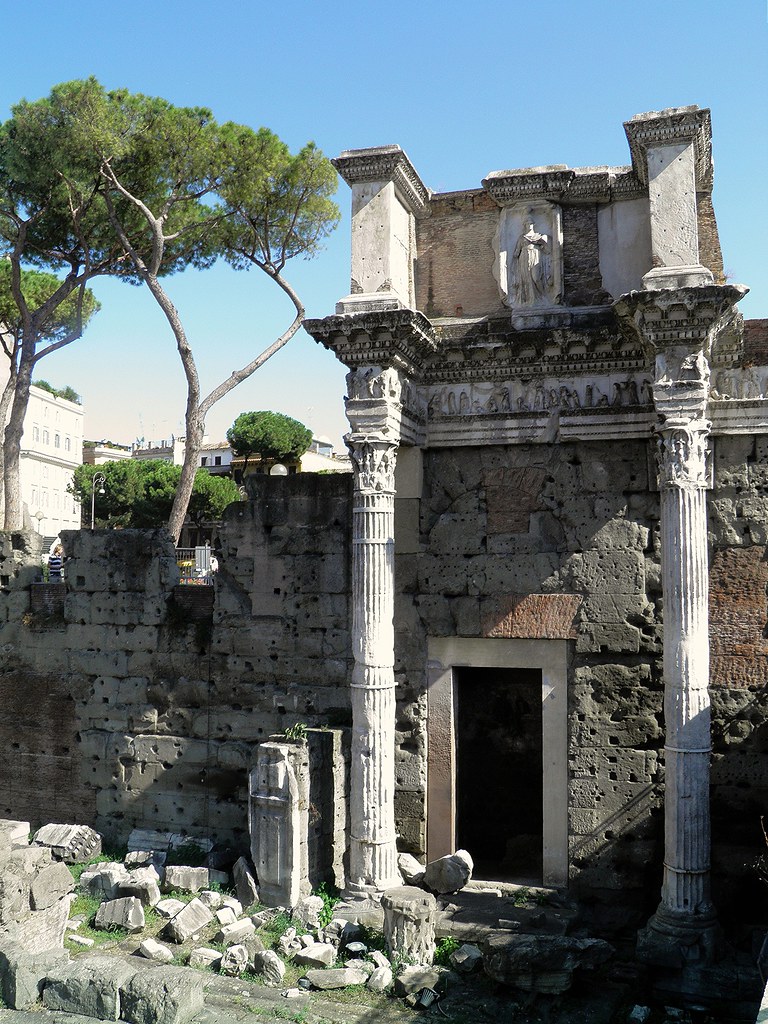 Remains of the peristyle which defined the Forum of Nerva, two Corinthian columns with sculpted decoration, part of the Temple of Minerva, Rome