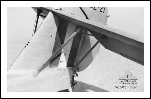 Bullet holes in a No 9 Squadron, RAAF, Seagull V tail section - SHOT  DOWN by Italian fighters  ( some accounts state British fighters ? )whilst conducting a reconnaissance of the Bardia area.  21 June 1940