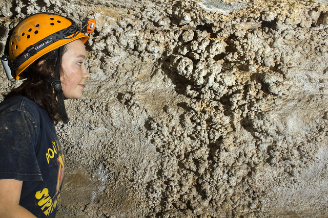 Gypsum crust, Olivia Stavely, Crownover Saltpeter Cave, Franklin Co, TN