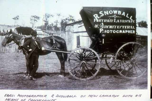 C918-0408 Early photographer R. Snowball of New Lambton with his means of conveyance, undated