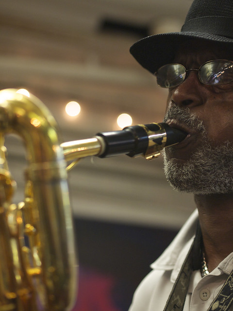 Roger Lewis of the Dirty Dozen; Louisiana Music Factory, Jazzfest 2012.