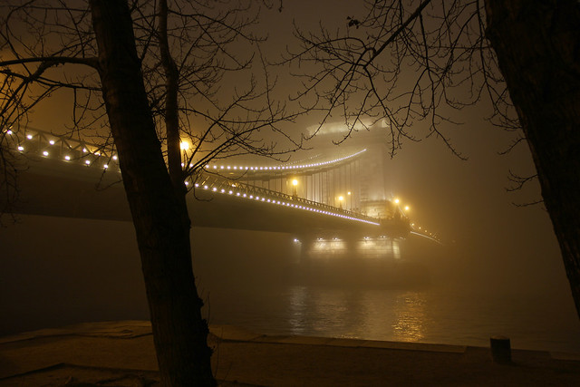 Budapest - the Chain bridge covered in fog at new year's eve 25