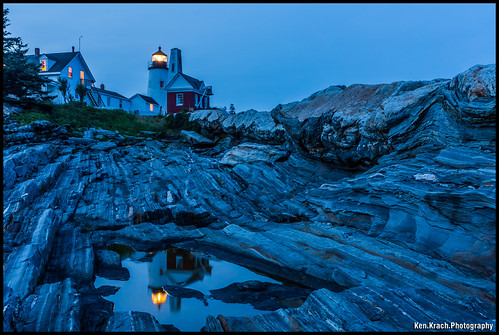 lighthouse reflection rocks maine newengland bluehour pemaquid