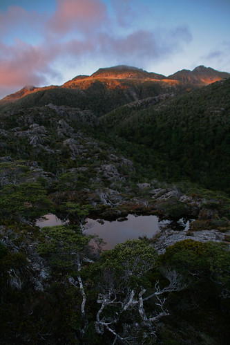 pink newzealand mountain lake reflection clouds sunrise dawn hike southisland tramp morningglow mountainglow kahurangi