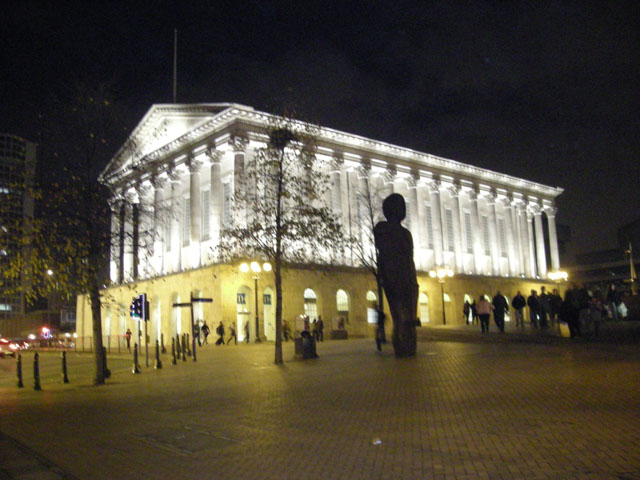 Birmingham Town Hall and Iron Man at night