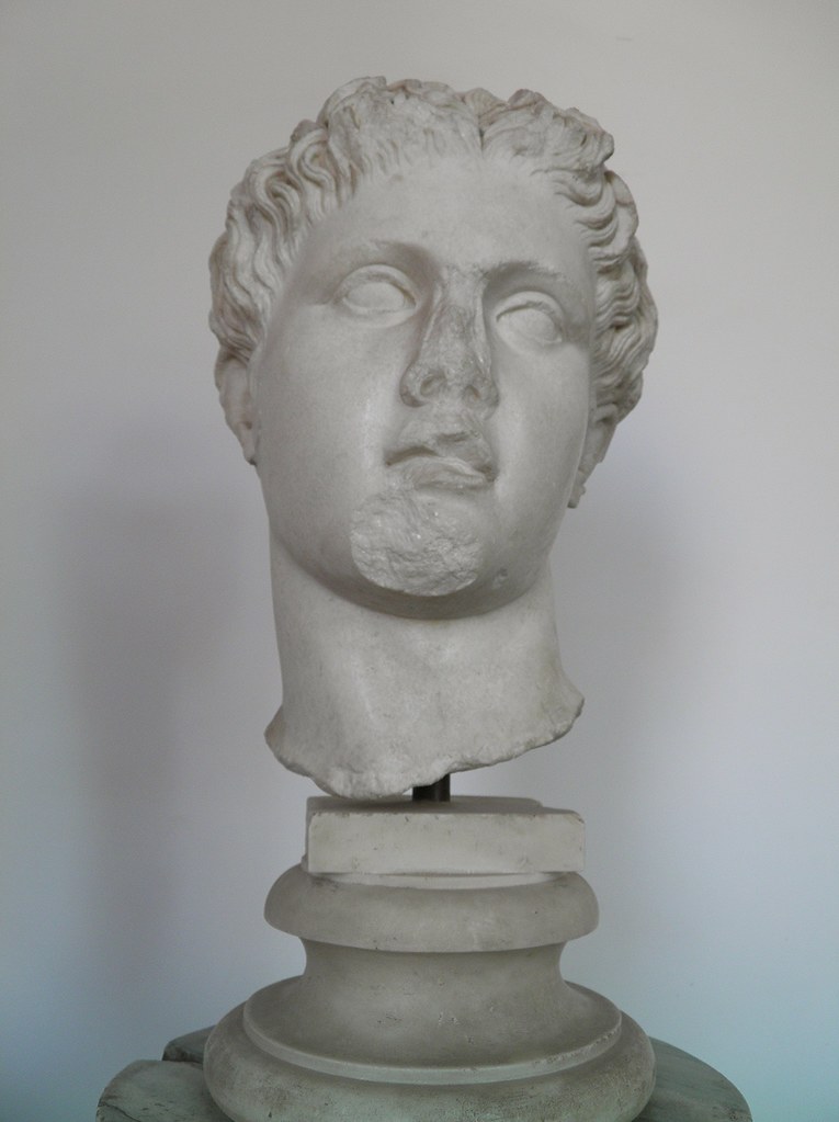 Head of the type of the Anzio Apollo, Roman copy from the late Flavian period after a Greek original from the second half of the 4th century BC, from the Domus Augustana on the Palatine Hill, Palatine Museum, Rome
