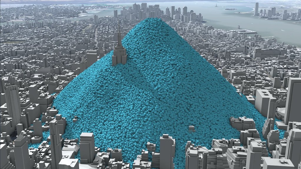 New York City's daily carbon dioxide emissions as one-tonne spheres.