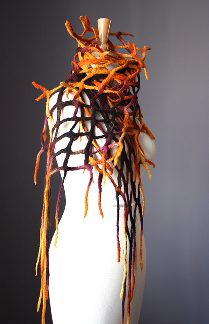 Felted scarf wool Orange / Burgundy / Brown Fish net nest scarf by VitalTemptation