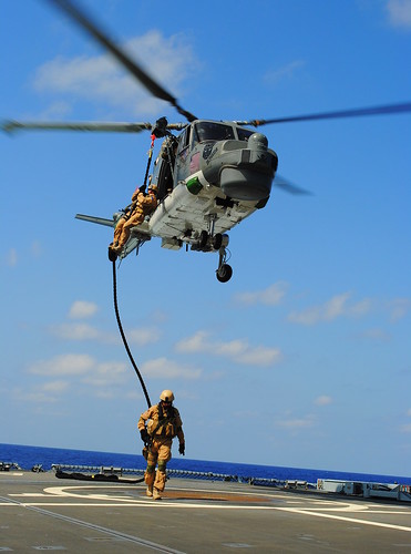 Fast roping exercise from Sea Lynx helicopter