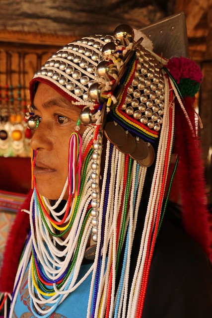 Akha Tribal Woman Wearing Traditional Embellished Head Dress Northern Thailand