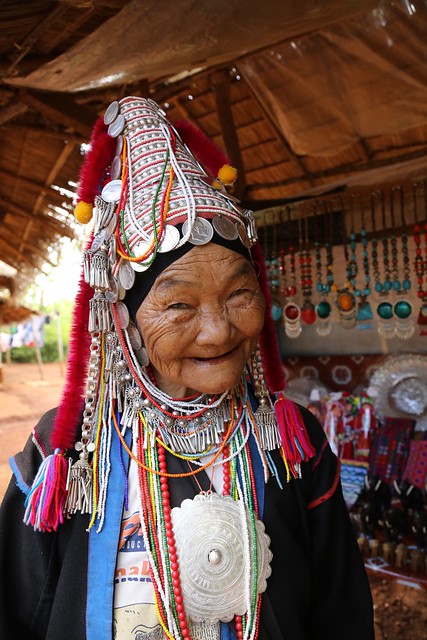 Elderly Akha Tribal Woman Wearing Traditional Embellished Head Dress Northern Thailand