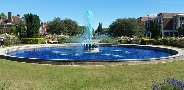 Fountain dyed blue to mark NHS 70 years.
