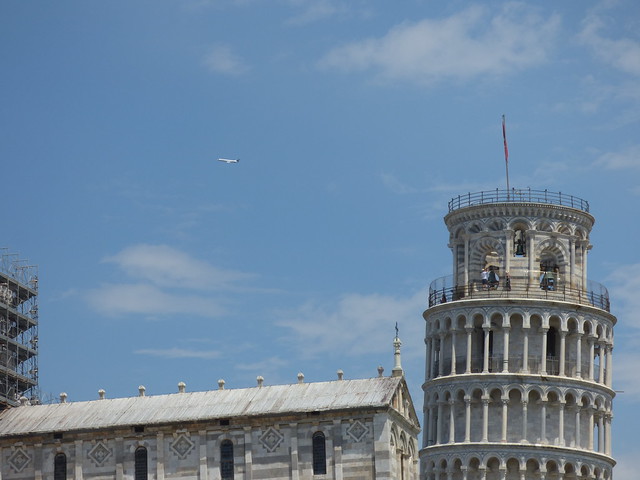 Leaning Tower of Pisa and Pisa Cathedral (the Duomo) - plane take off