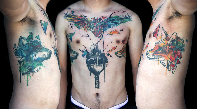 wolf and fox watercolor tattoo